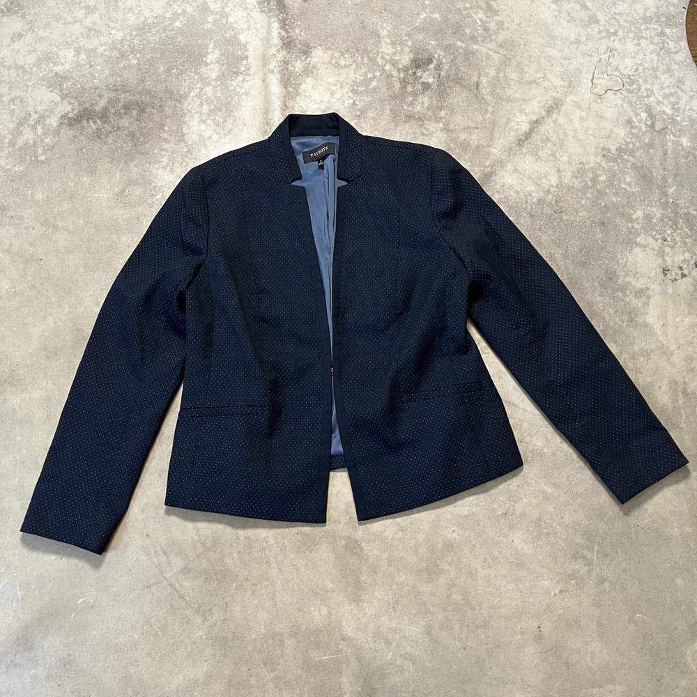 Talbots Blazer Jacket Sz 8 Navy White Dots Wool Blend Academia Career Minimalist